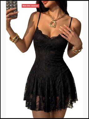 Lace Gothic Mini Dress Sleeveless Spaghetti Strap Bodycon Club Night Y2k